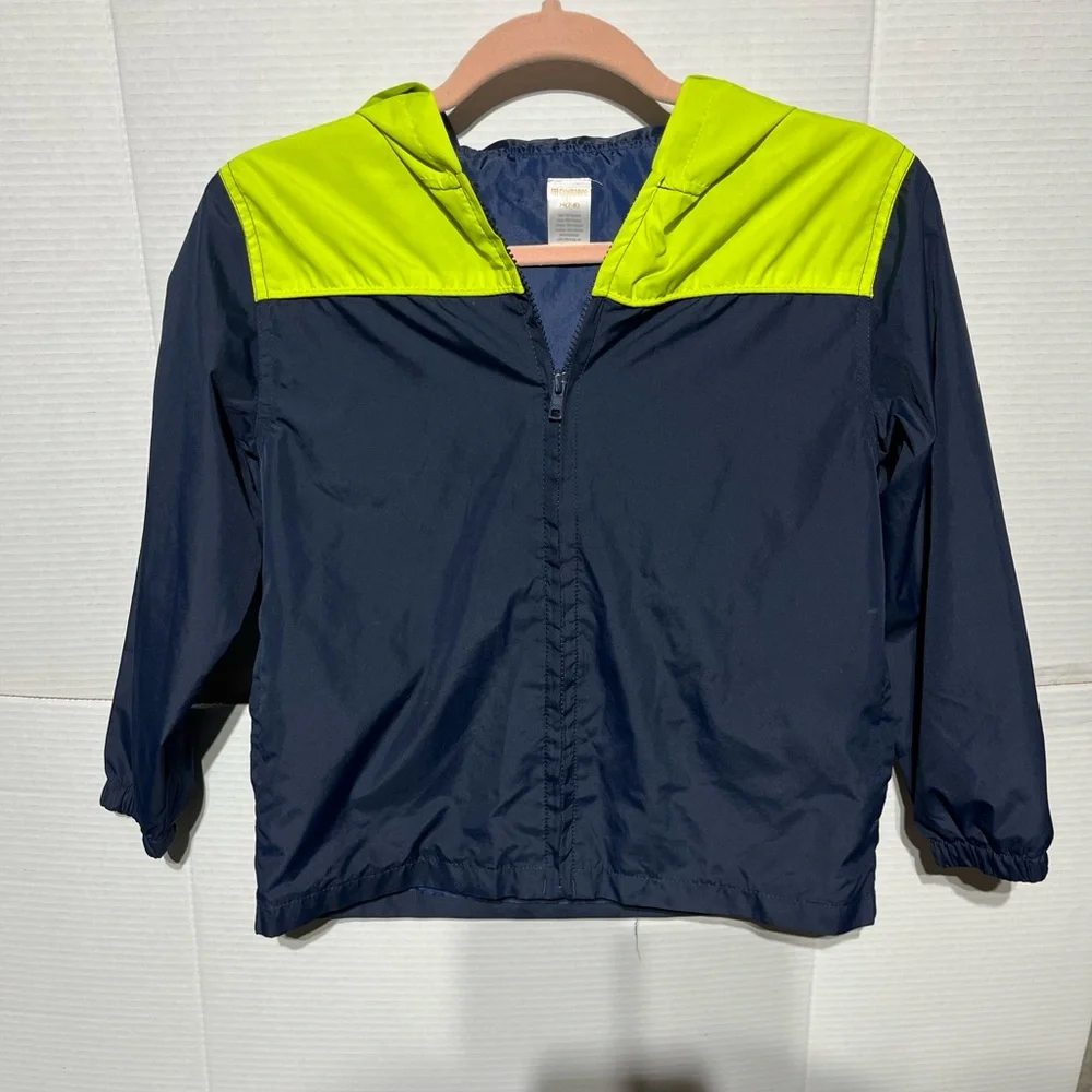 GYMBOREE YOUTH WINDBREAKER ZIP FRONT JACKET W/HOOD LIGHTWEIGHT NAVY/LIME M 7-8